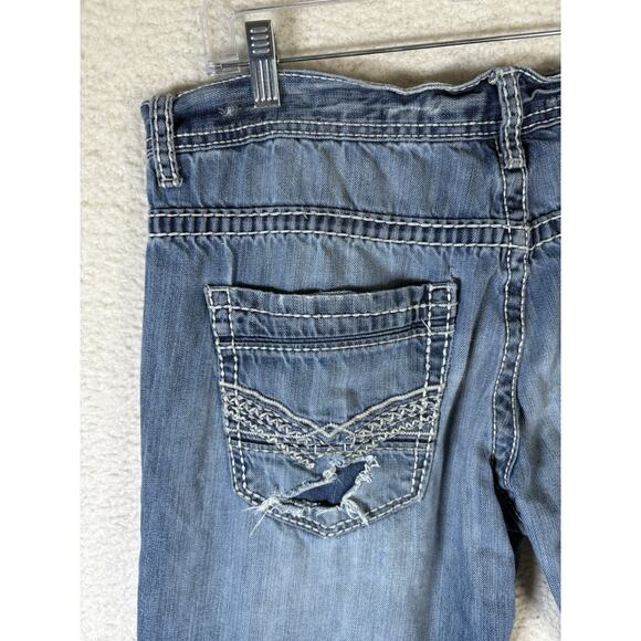 Buckle BKE Carter Jeans Mens 36R 36x31 Blue Straight Distressed Thick Stitch - Picture 15 of 16